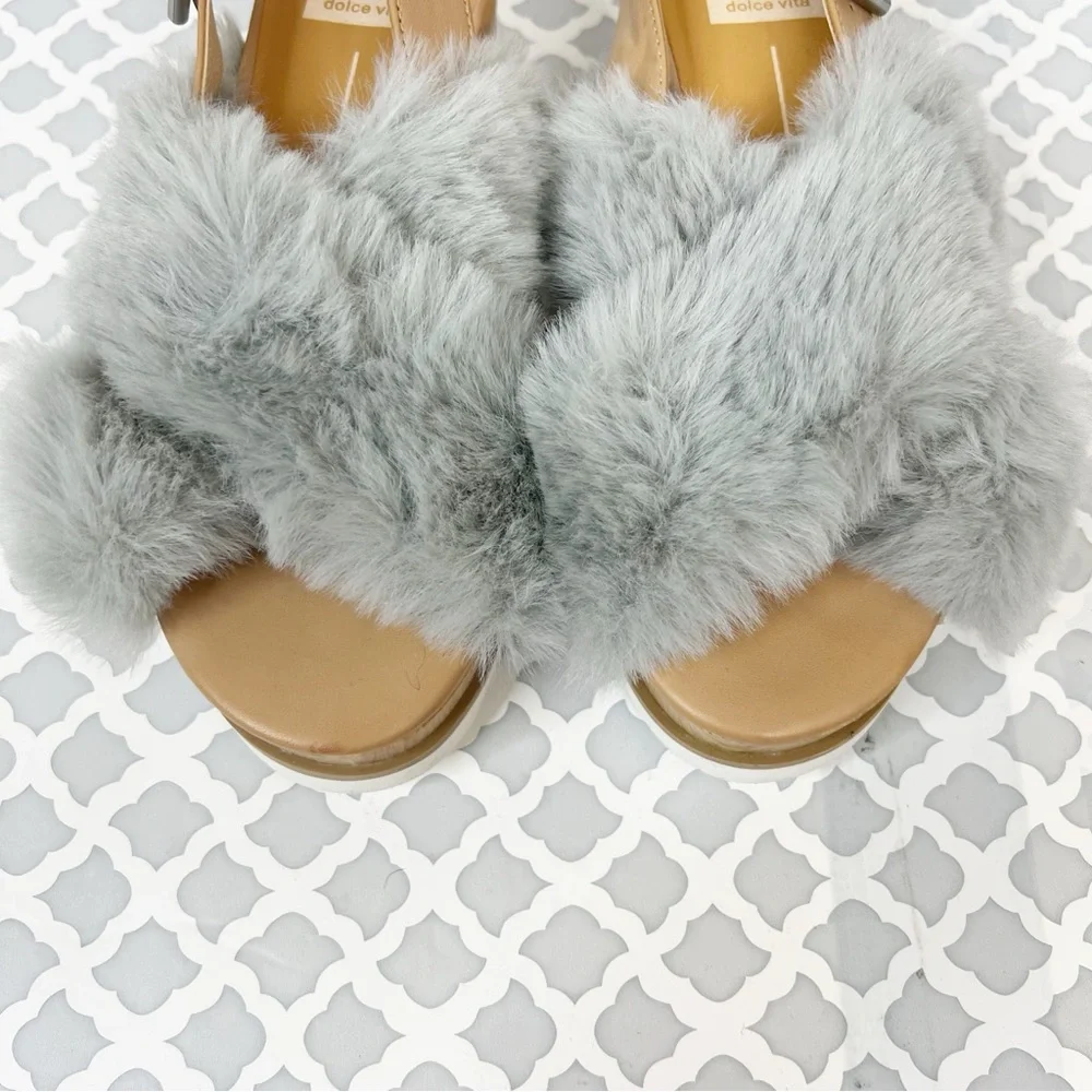NWOB Dolce Vita Grey Faux Fur Ankle Strap Wedge Sandal